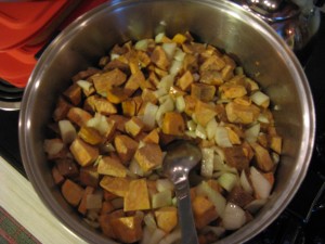 sauteing the diced potatoes and onions 