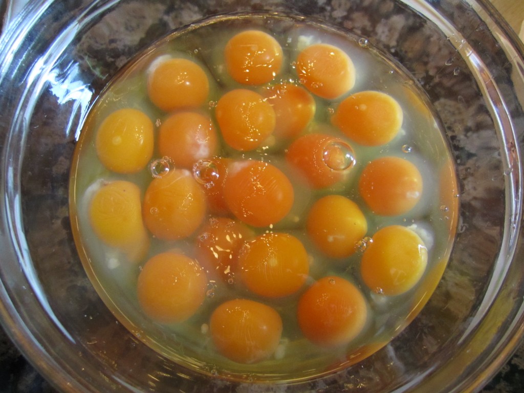 our delicious, orange aurora eggs, waiting to be scrambled for a yummy brunch!