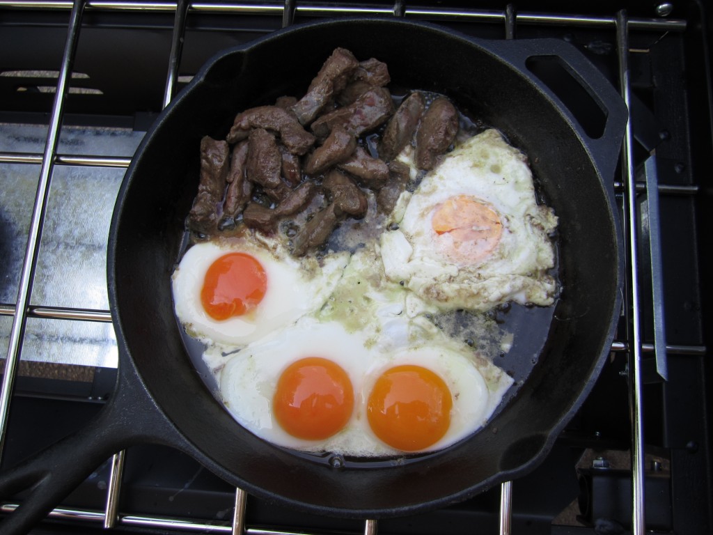 breakfast: eggs and venison heart.